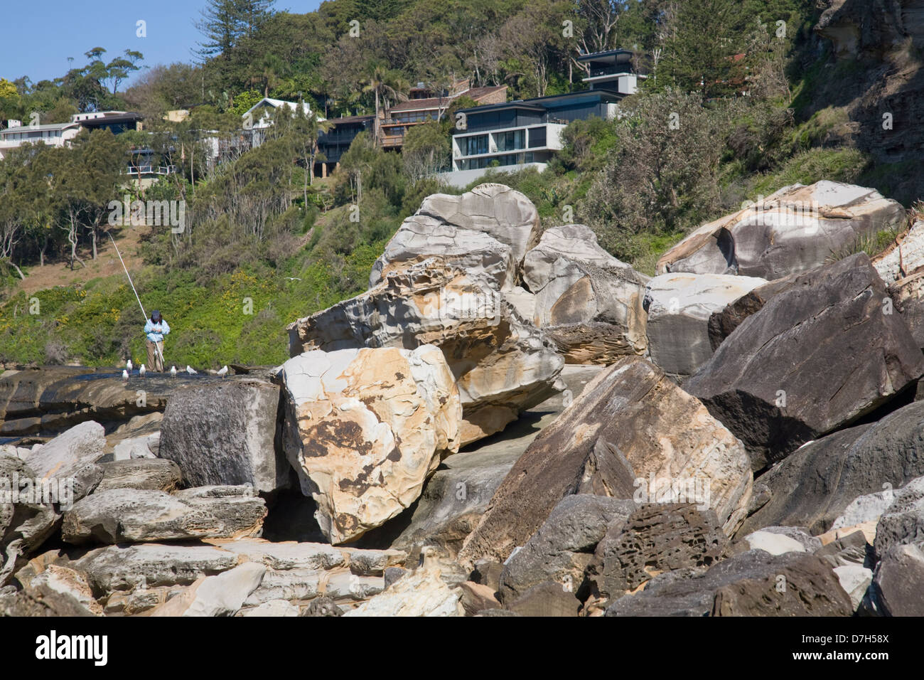 Person Felsen Fischen am Whale Beach, Sydney, Australien Stockfoto