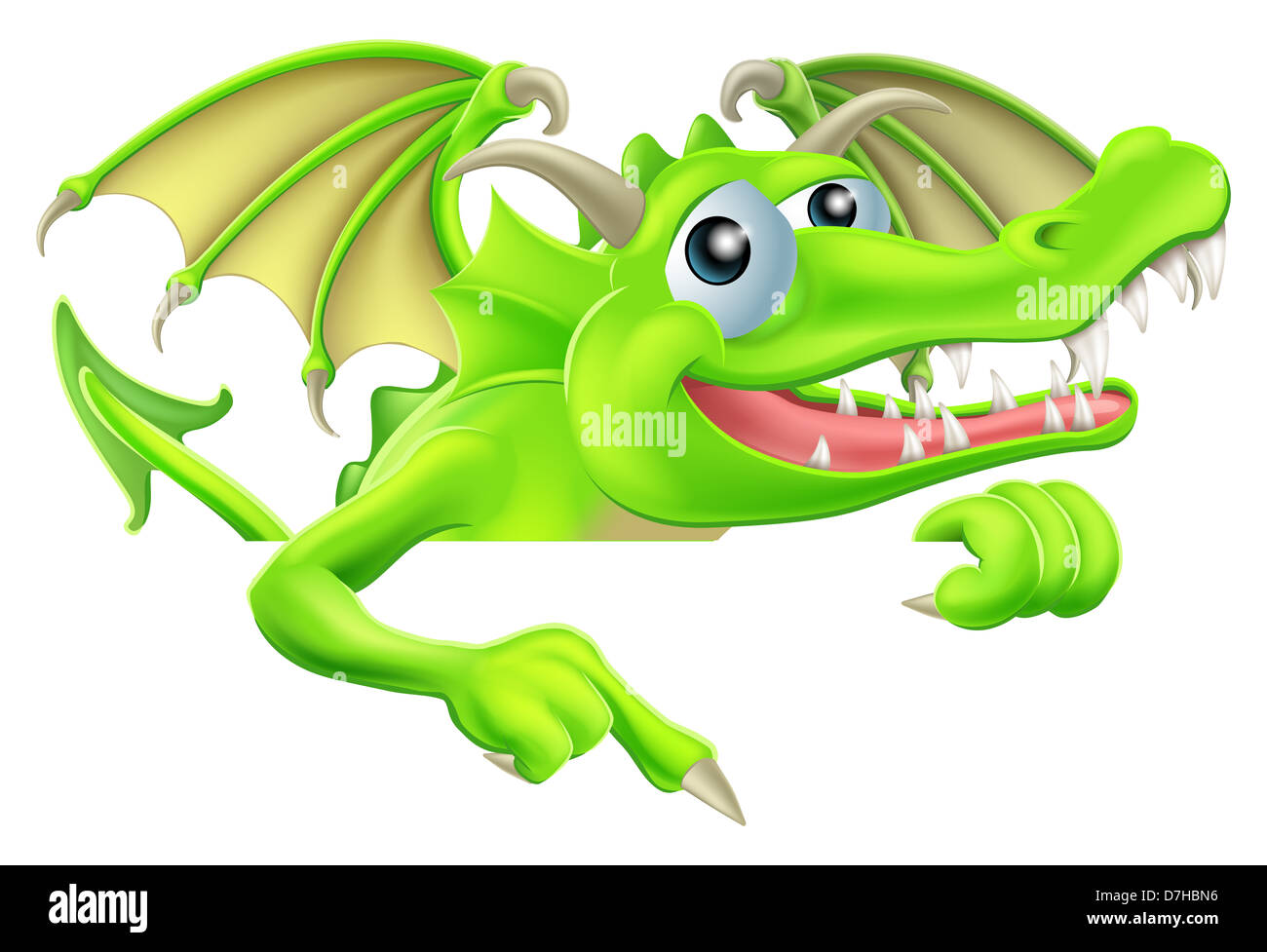 Abbildung eines glücklichen Cartoon Drachen nach unten auf ein Zeichen Stockfoto