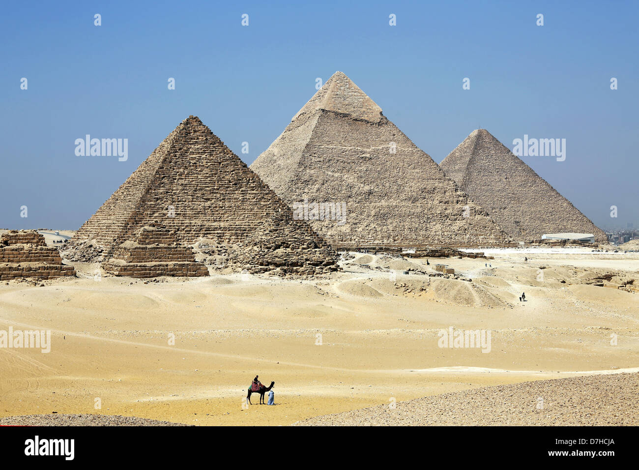 Kameltreiber vor den Pyramiden, Gizeh, Ägypten, Nordafrika Stockfoto