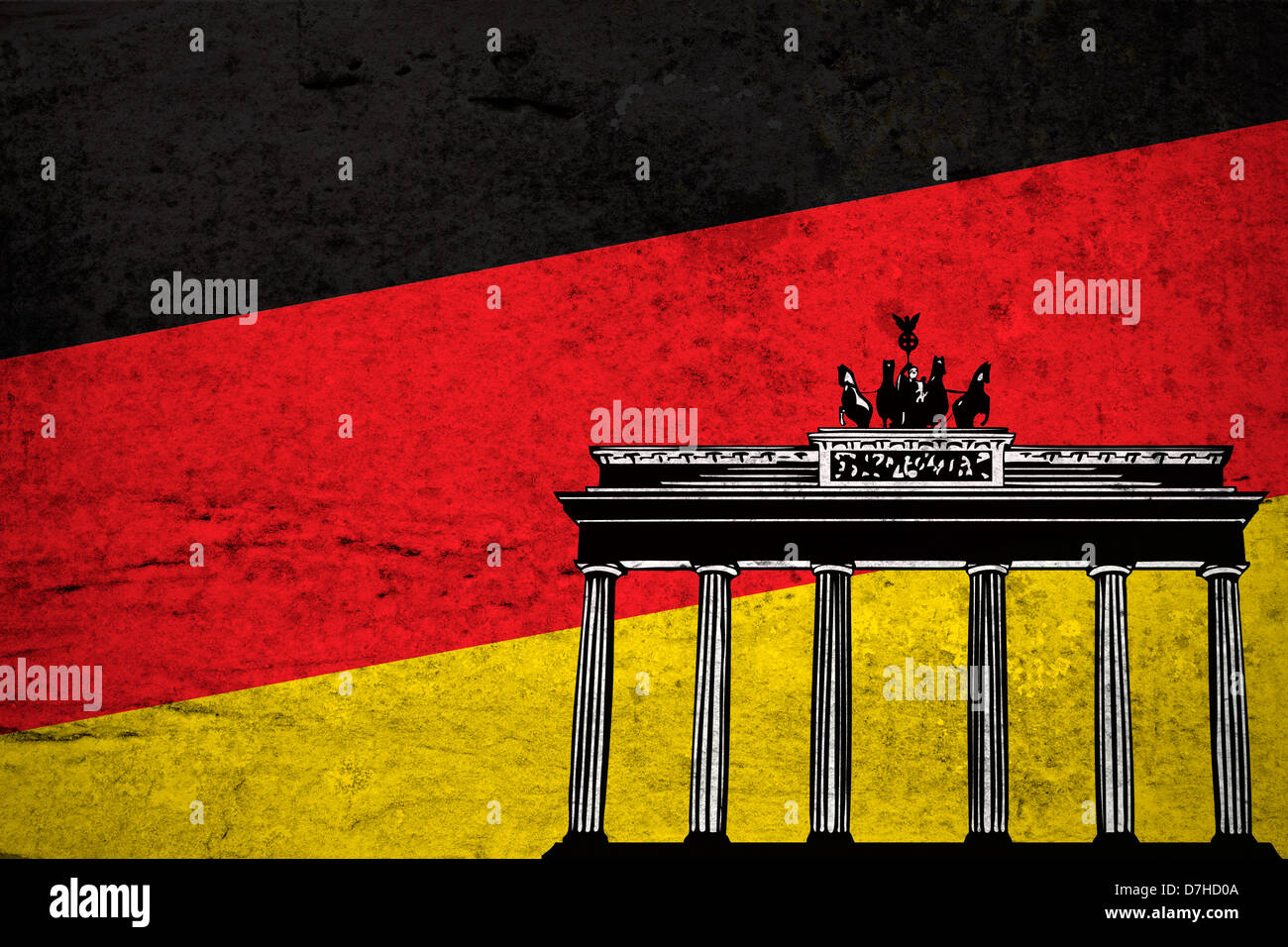 Nahaufnahme einer Grunge-Illustration der deutschen Flagge mit dem Brandenburger Tor gedruckt. Stockfoto