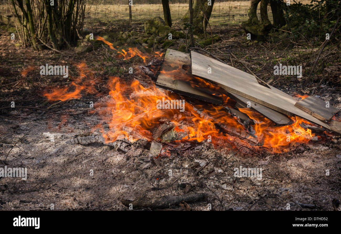 Holz auf einem Garten Feuer verbrannt Stockfoto