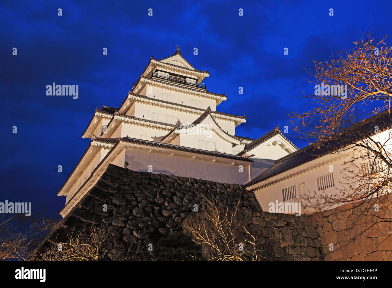 Japan, Fukushima Präfektur, Aizu-Wakamatsu, Tsuruga-Jo Burg bei Nacht Stockfoto