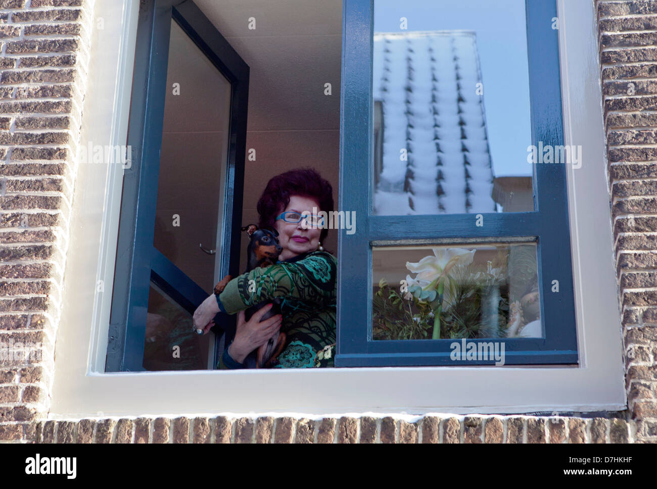 Alte Dame mit ihrem Hund in Holland Stockfoto