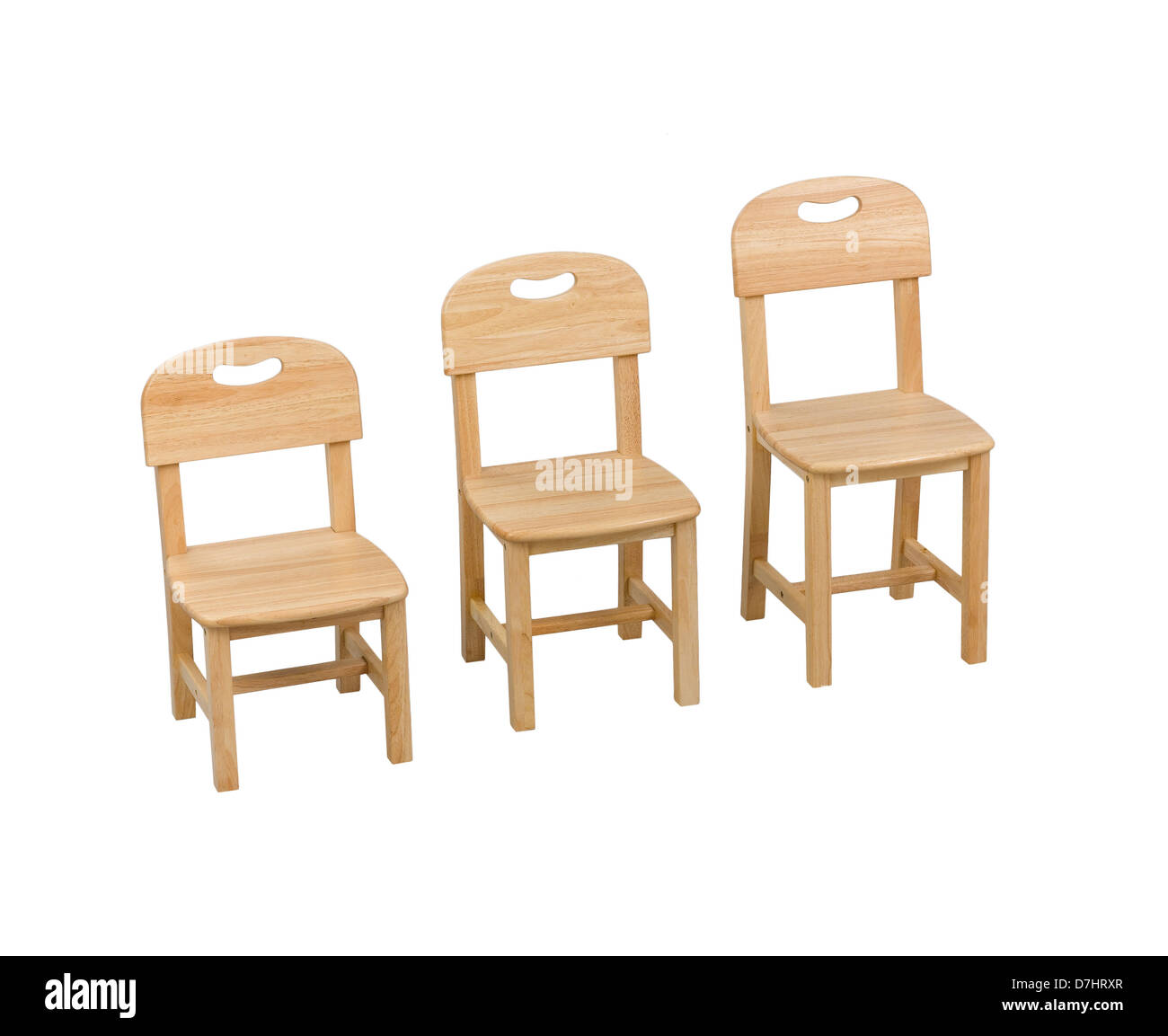 Drei Größen Holzstühle für Kinder Stockfoto