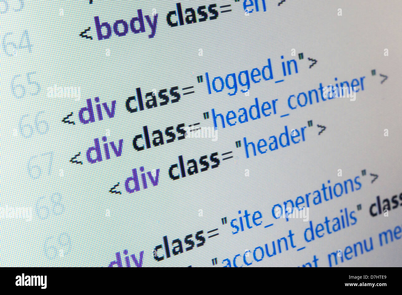 HTML-Quellcode hautnah auf Computer-LCD-monitor Stockfoto
