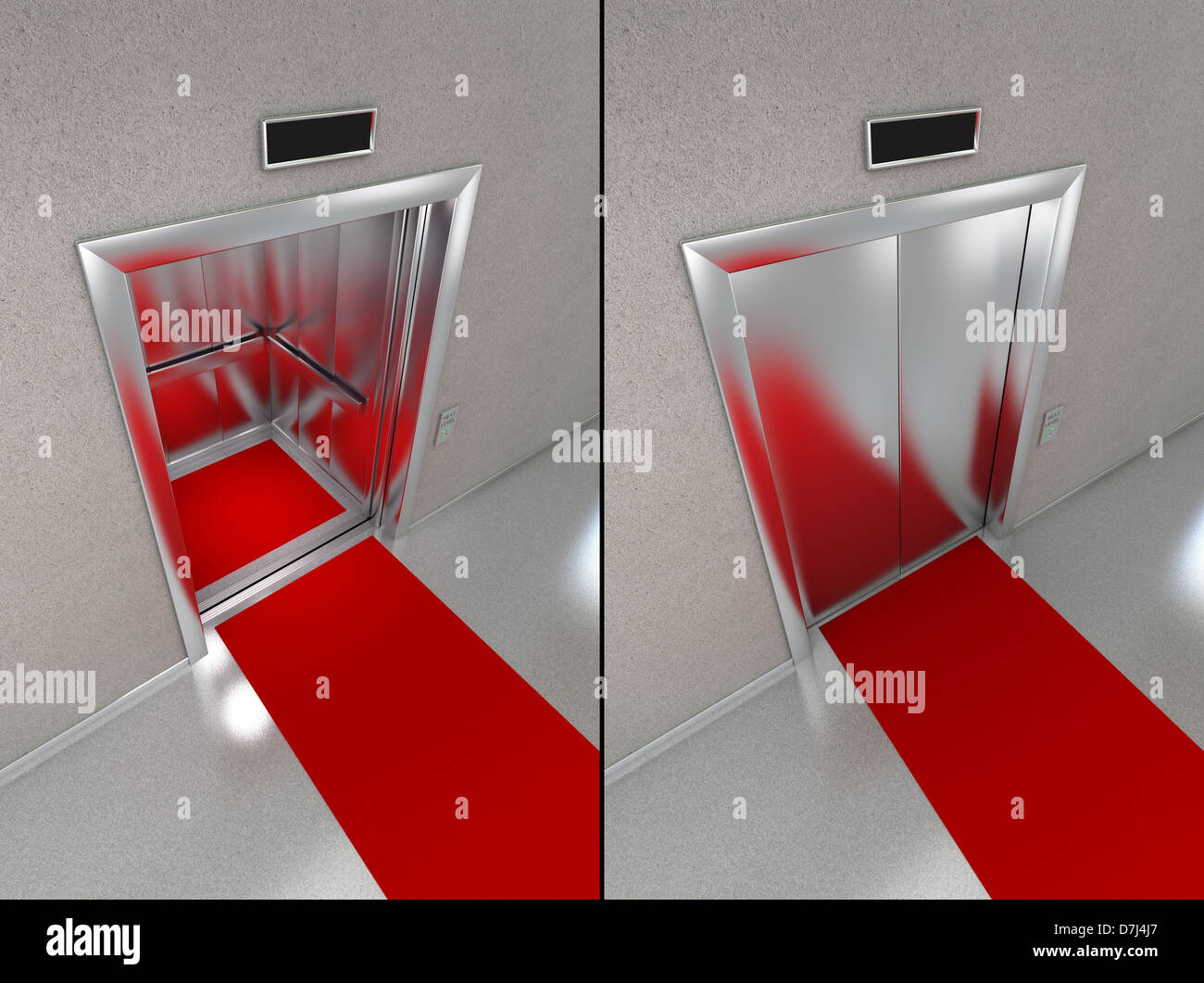 Aufzug mit rotem Teppich. Stockfoto