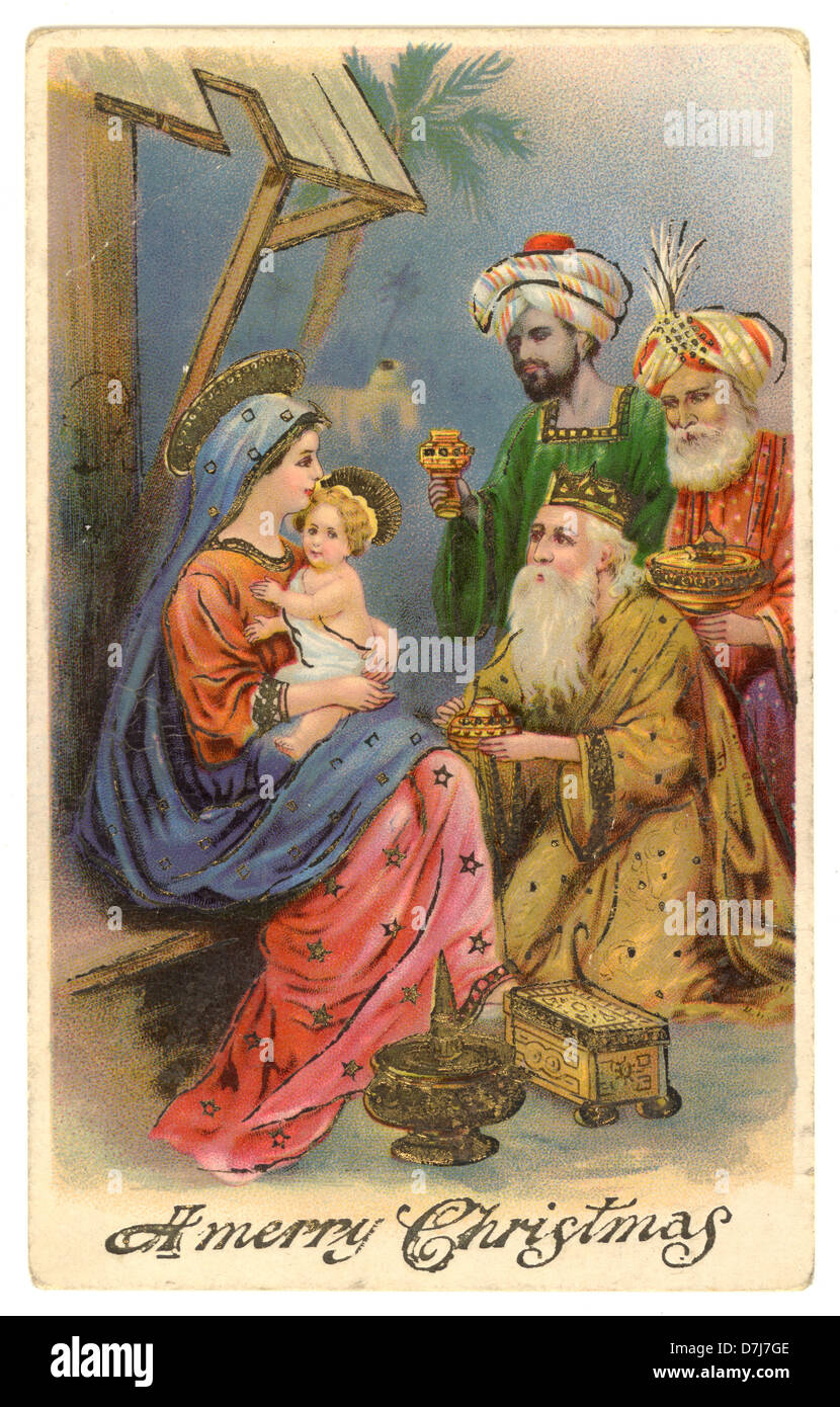 Vintage Anfang des 20. Jahrhunderts Weihnachtspostkartenillustration mit den drei Königen um 1905 Stockfoto