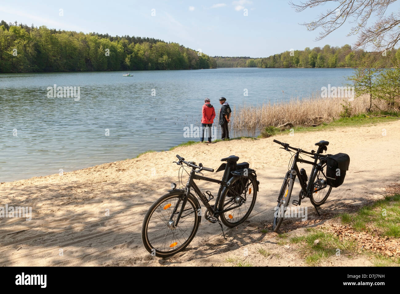 Liepnitzsee mit Tourenrädern, Wandlitz, Barnim, Brandenburg, Deutschland Stockfoto