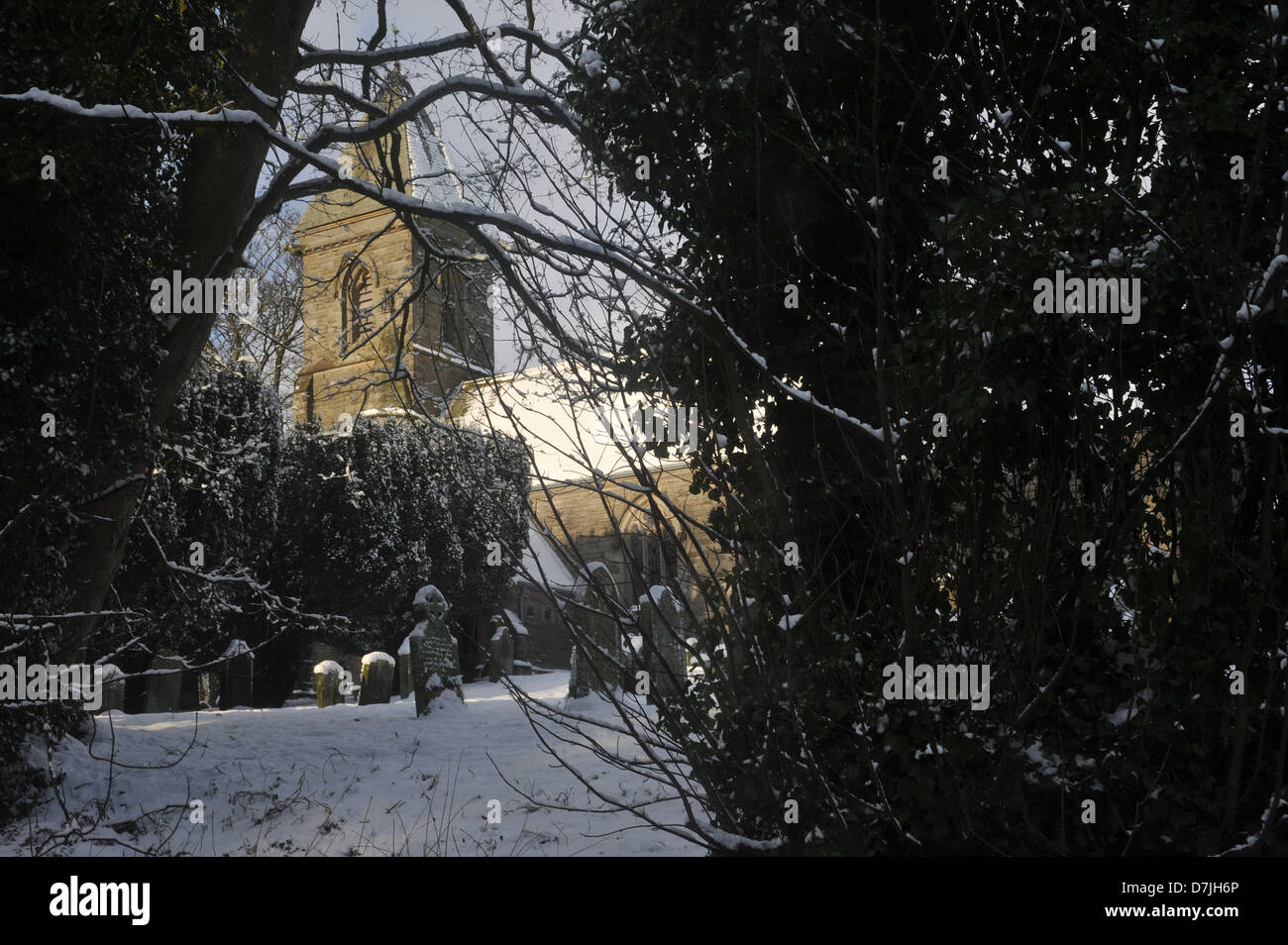 Kirche im Sonnenlicht, umrahmt von Bäumen, Friedhof, Schnee, Äste, Sträucher, Grabsteine, blauer Himmel Stockfoto