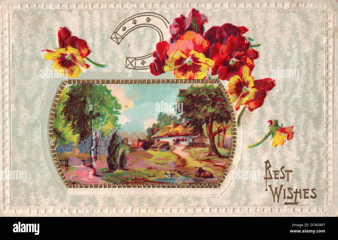 Besten Wünsche - Vintage-Karte mit Hufeisen und Blumen Stockfoto