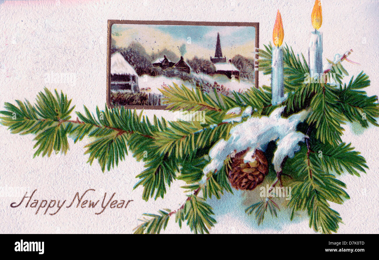 Frohes neues Jahr - Vintage-Karte mit Evergreen, Kerzen und Country-Szene im winter Stockfoto