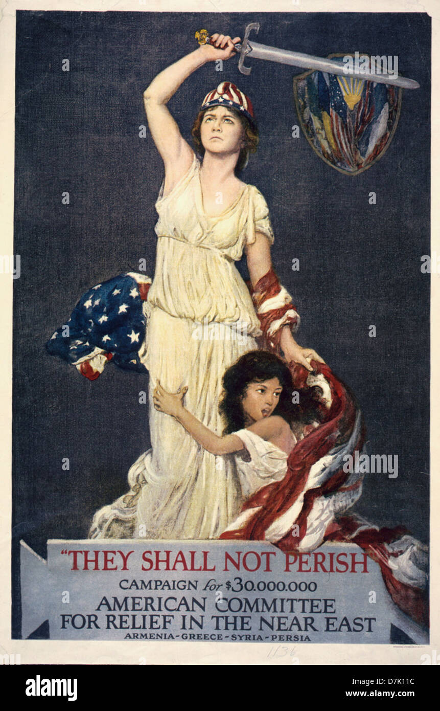 Sie werden nicht zugrunde gehen... American Committee for Relief im Nahen Osten. Zusammenfassung: Mädchen, Naher Osten, klammerte sich an Frau mit Schwert und US-Flagge, als Symbol für Amerika symbolisiert. Vintage Poster, ca. 1918 Stockfoto