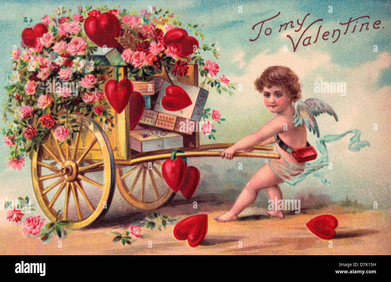 Zu My Valentine - Vintage Karte zum Valentinstag mit Amor ziehen Karren von Blumen, Herzen und Pralinen Stockfoto