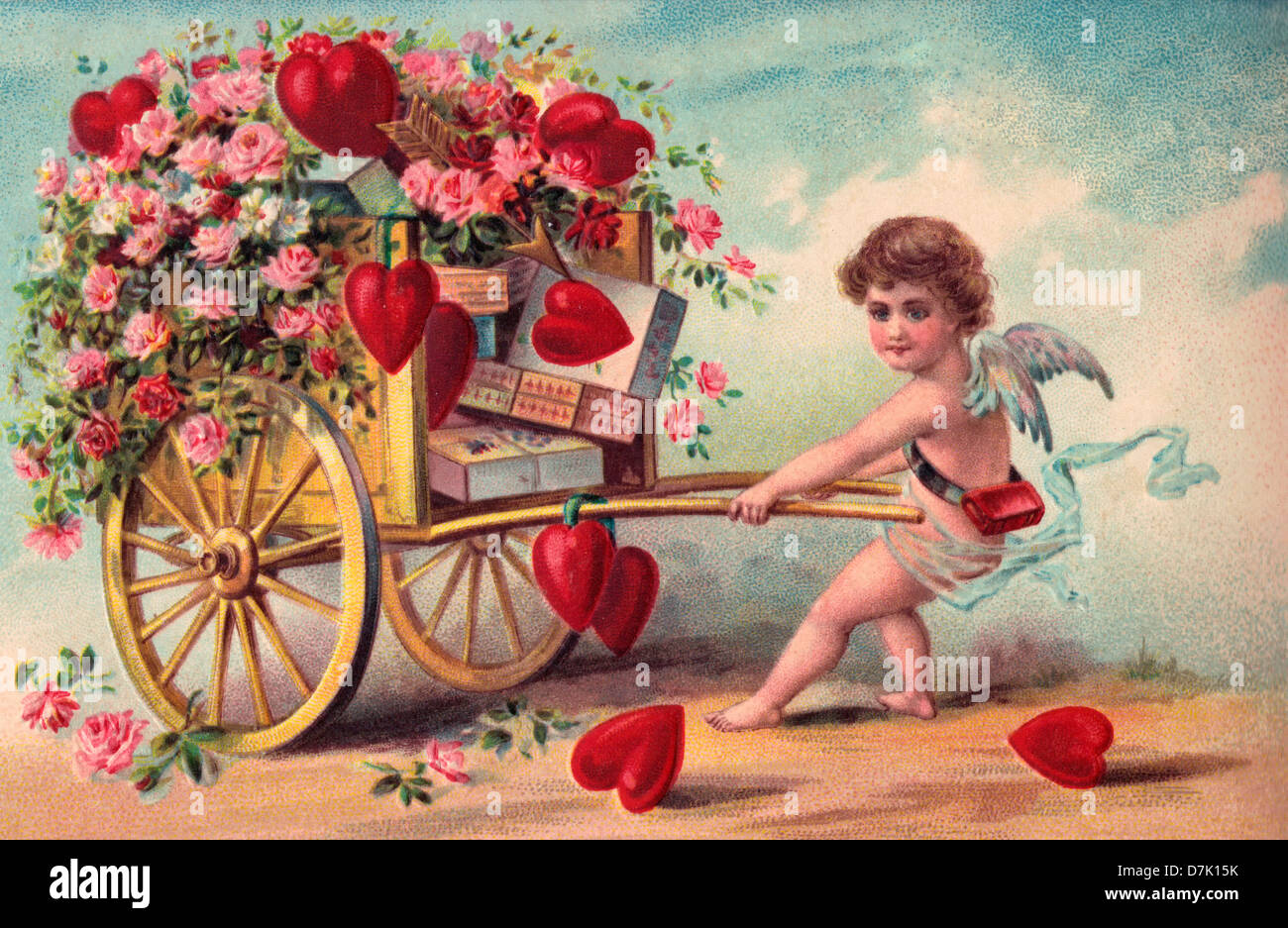 Vintage Karte zum Valentinstag mit Amor ziehen Karren von Blumen, Herzen und Pralinen Stockfoto