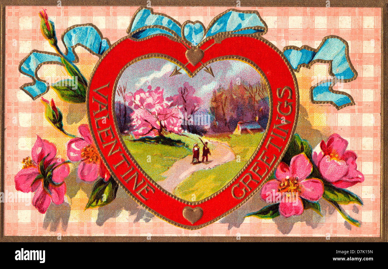 Valentinstag Grüße - Vintage-Valentinstag-Karte mit Herzen und Blumen Stockfoto