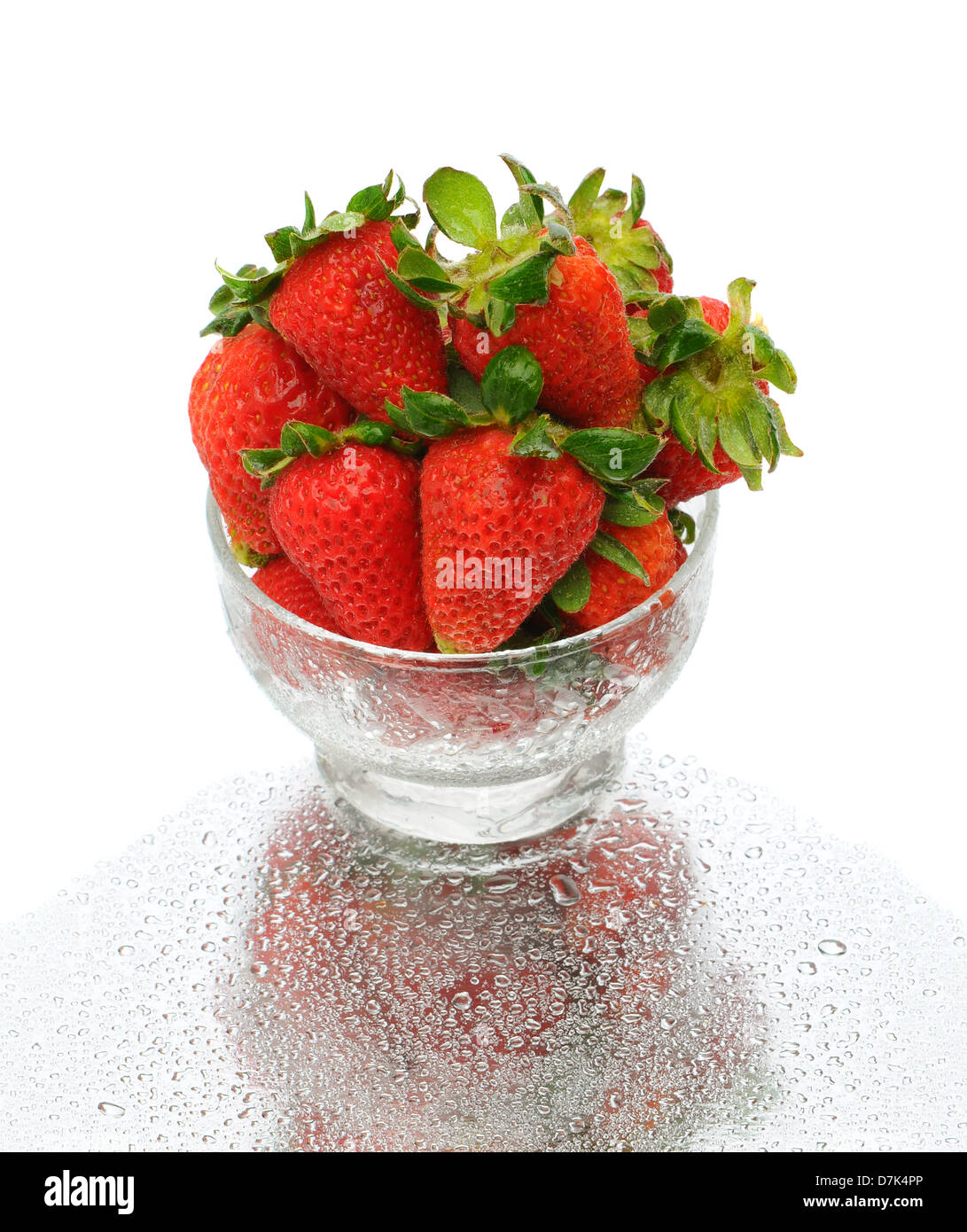 Nahaufnahme von frisch gepflückten Erdbeeren in eine Glasschüssel mit Reflektion auf nassem Untergrund vor einem weißen Hintergrund. Stockfoto