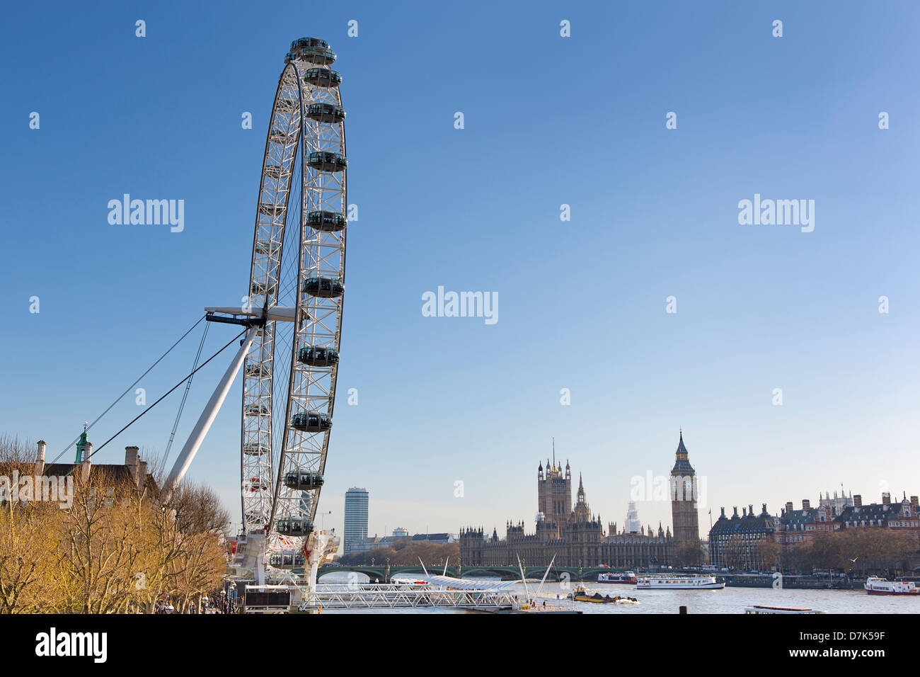 Das London Eye und die Themse, Big Ben und den Houses of Parliament. Stockfoto