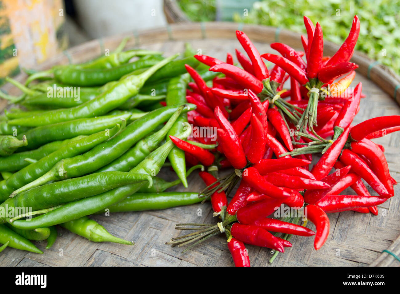 Rot ein grüner Chili auf dem Markt in Vietnam. Stockfoto