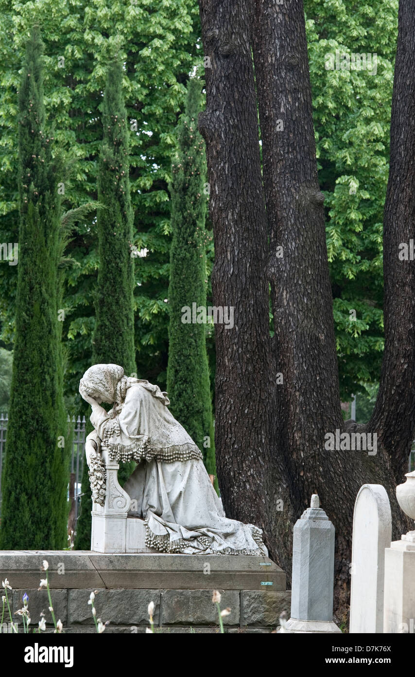 Das Grab des Künstlers und Anthropologen Arnold Landor auf dem englischen Friedhof in Florenz, Italien, ist mit einer Statue seiner trauernden Mutter gekennzeichnet Stockfoto