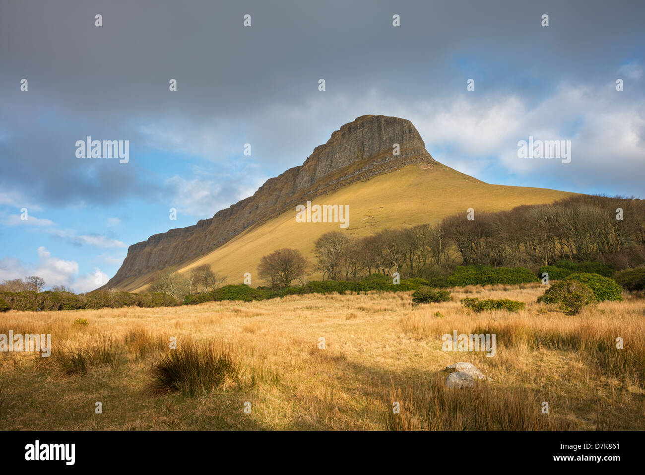 Abendlicht auf dem Kalkstein Berg Benbulben, County Sligo, Irland, einer der kultigsten Naturgegebenheiten Irlands Stockfoto