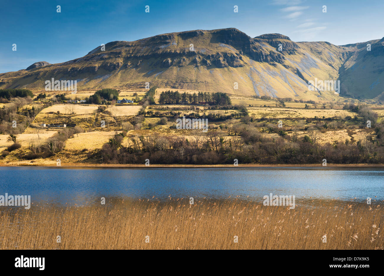 Blick nach Süden über Glencar Lake zu einer großen Drumlin und Crockauns Berg, County Sligo und Leitrim, Irland Stockfoto