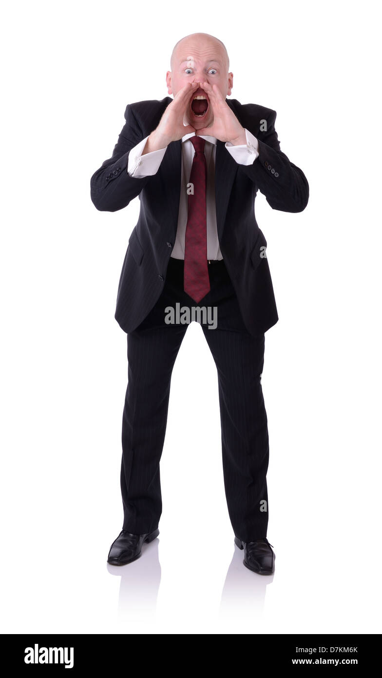 Geschäftsmann schreien mit hohlen Hand isoliert auf weißem Hintergrund Stockfoto
