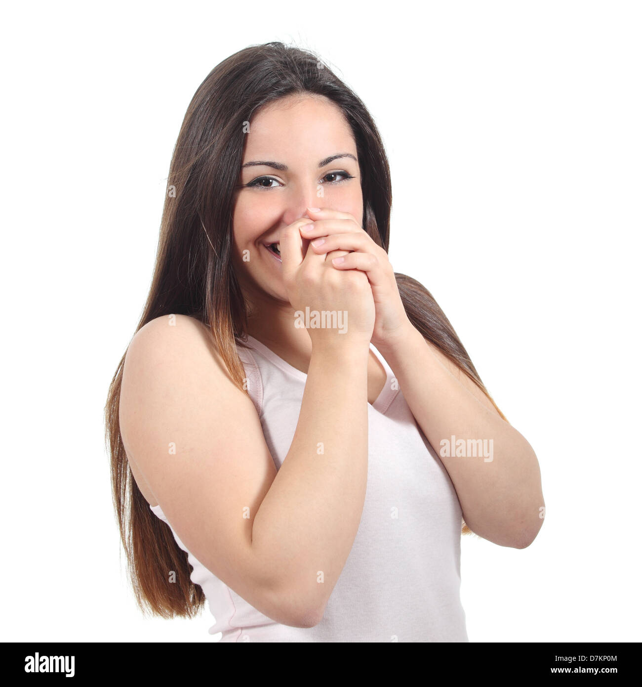 Glücklich Teenager Lachen beschämend isoliert auf weißem Hintergrund Stockfoto