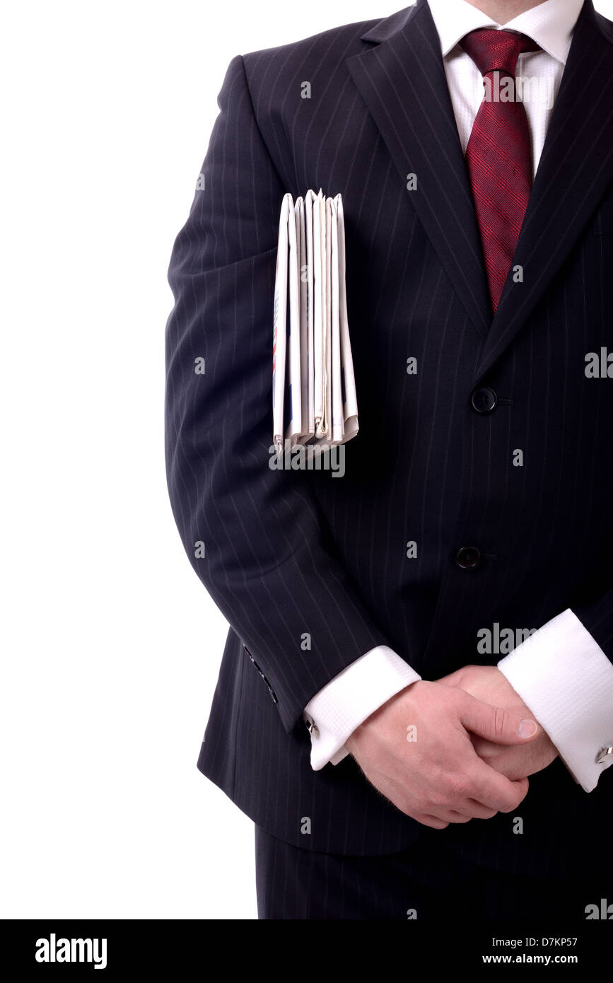 Geschäftsmann mit einer Gruppe von Papieren unter Arm isoliert auf weiss Stockfoto