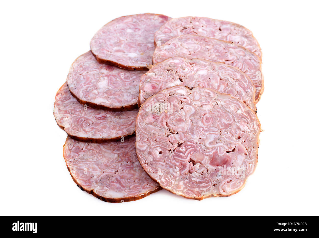 Andouille de Vire, französische Wurst vor weißem Hintergrund Stockfoto