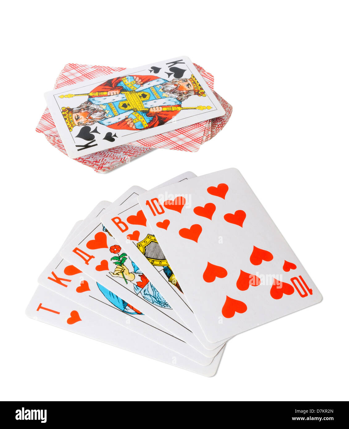 Ein Straight Flush mit russischen Karten mit kyrillischen Typen Stockfoto