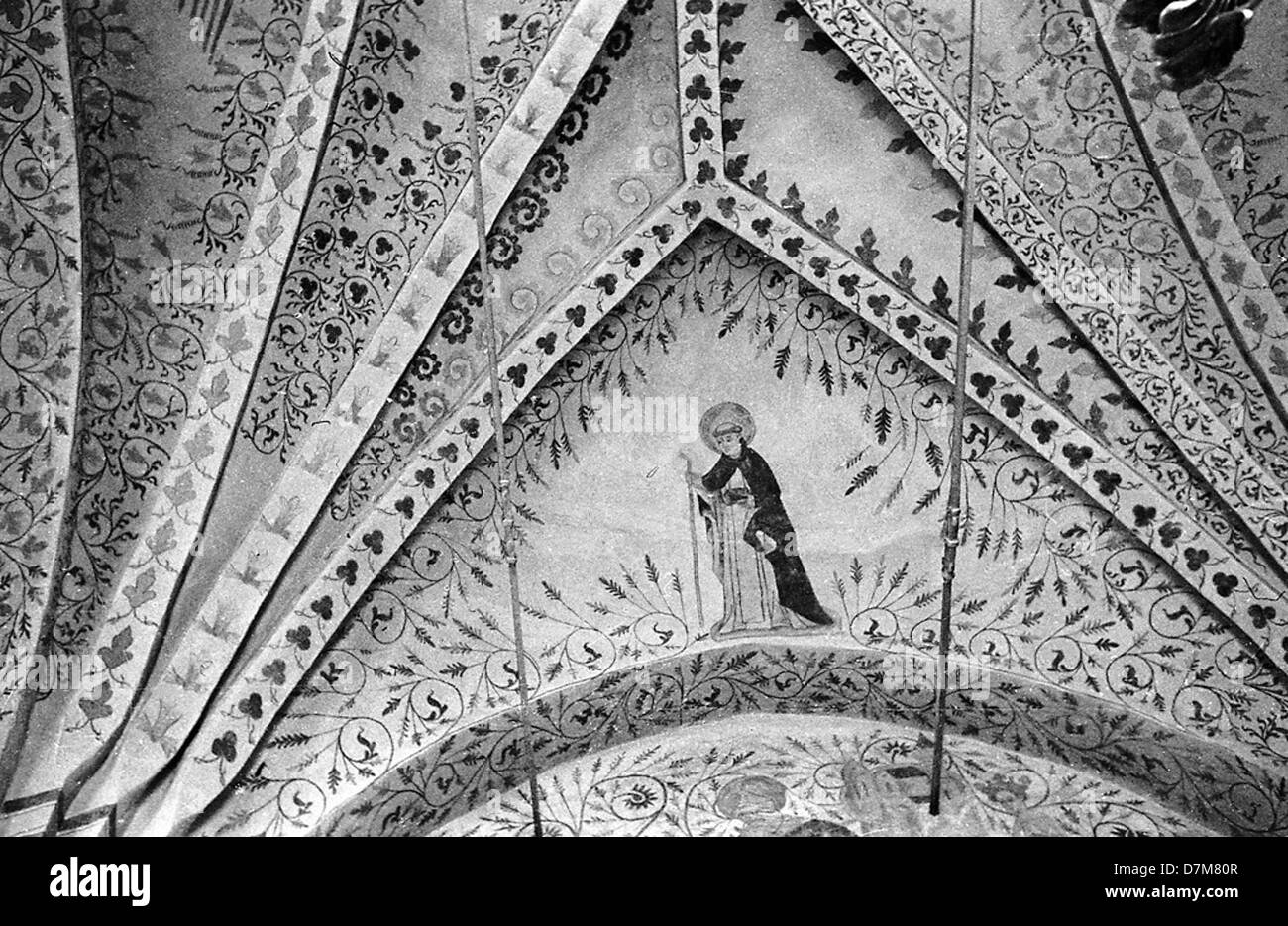 Dieses Wandgemälde in der Tensta-Kirche, Uppland, Schweden, ist ein Beispiel religiöser Kunst, die vom schwedischen Nationaldenkmalamt erhalten wurde. Es zeigt Szenen von spiritueller Bedeutung und ist ein wichtiges kulturelles gut des schwedischen Erbes. Stockfoto