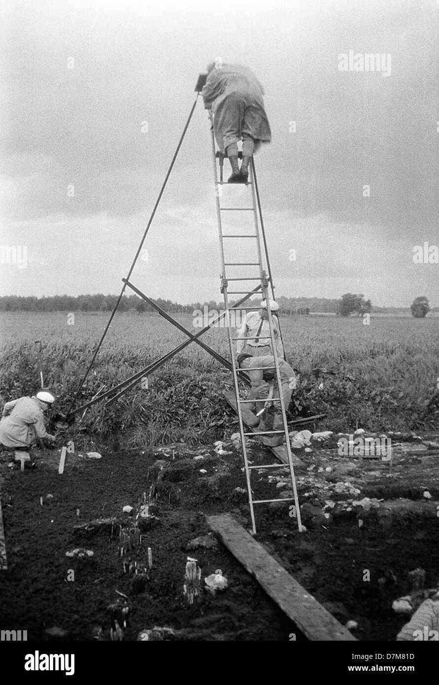 Dieses Foto zeigt das Pfahlhaus Alvastra in Östergötland, Schweden, eine wichtige archäologische Stätte, die vom schwedischen Nationalerbe verwaltet wird. Der Ort ist für seine prähistorische Bedeutung bekannt. Stockfoto