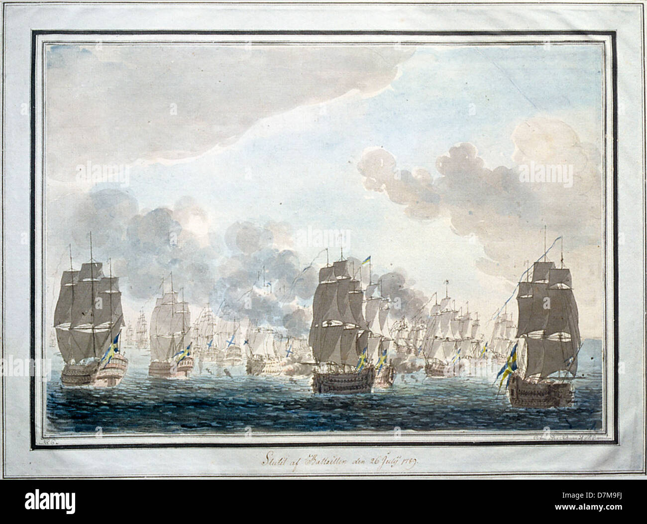 Diese historische Darstellung zeigt die schwedische und russische Marine am Ende einer Schlacht im Juli 1789 in der Nähe von ™ Land, Schweden, ein bedeutender Marineeinsatz im späten 18. Jahrhundert. Stockfoto