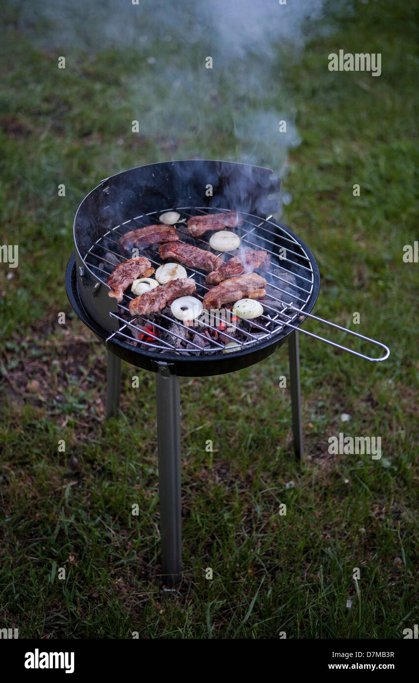 Grill bei Dämmerung, Kohle und Rauch, leckeres Abendessen Stockfoto