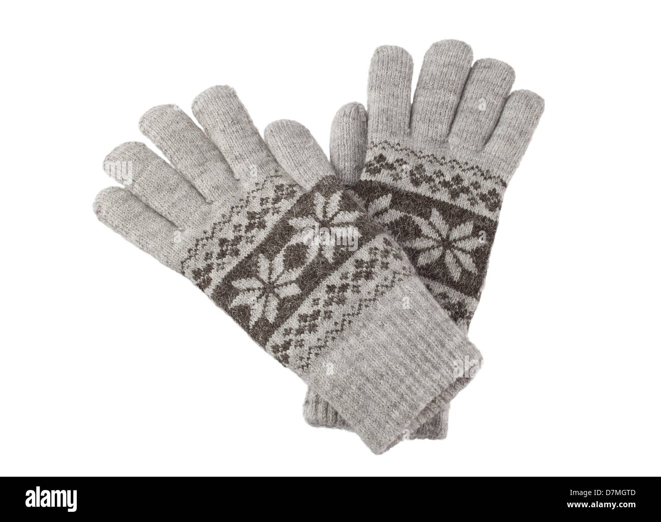 Ein paar gestrickte Winterhandschuhe isoliert auf weißem Hintergrund Stockfoto