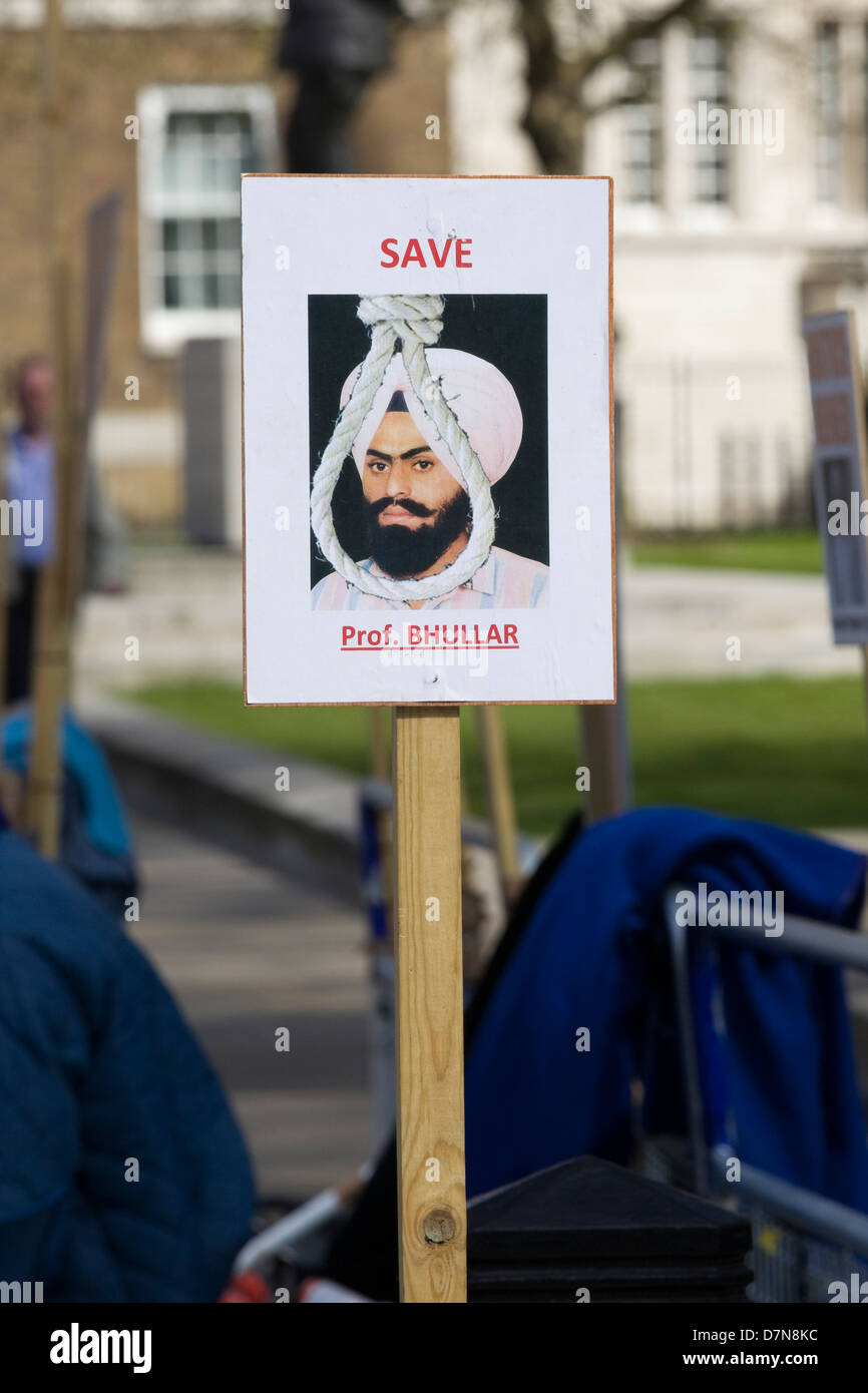 Protest außerhalb 10 Downing Street London, Professor Bhullar von Indiens tödliche Gerechtigkeit zu befreien Stockfoto