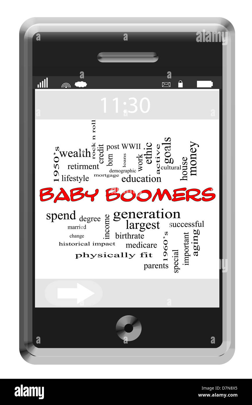 Baby-Boomer Word Cloud Konzept des Touchscreen-Handy mit großen Begriffe wie Generation, Reichtum, größte und vieles mehr. Stockfoto