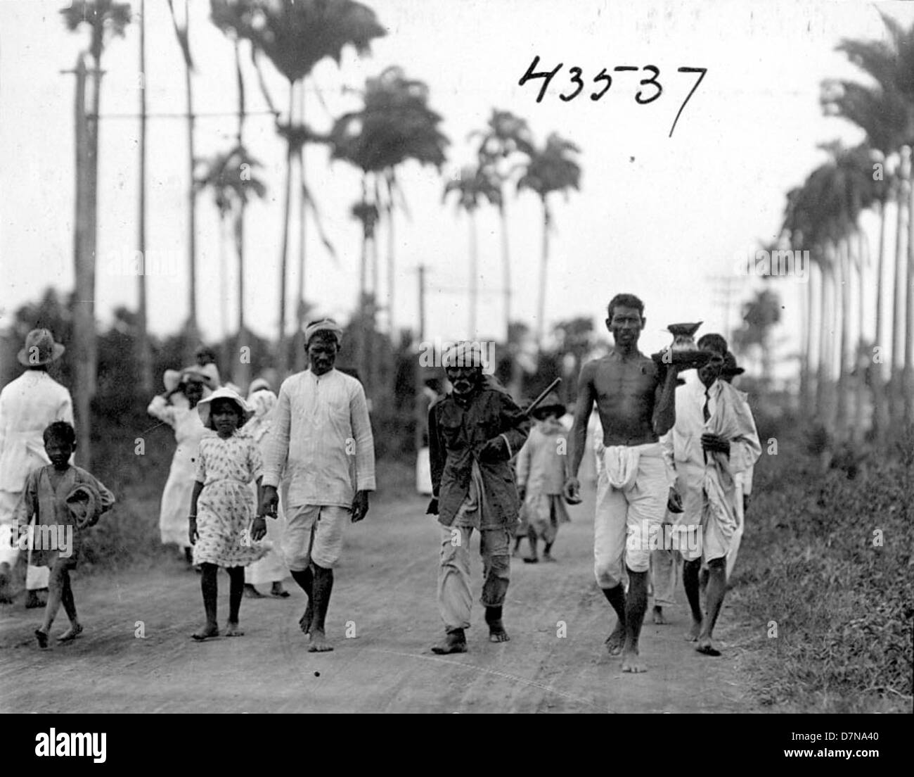 Dieses Foto aus dem Jahr 1922 zeigt eine lebhafte Straßenszene in Britisch-Guayana, die Menschen und Palmen zeigt, was auf die tropische Umgebung und den kolonialen Einfluss in der Region hinweist. Stockfoto