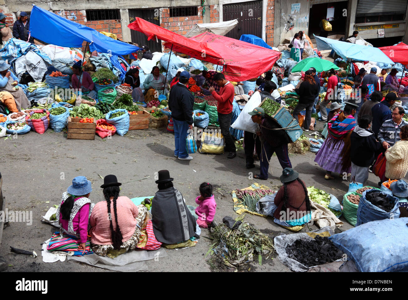 Aymara-Frauen oder Cholitas sitzen in Straßen- und Gemüseständen im Mercado Rodriguez, einem typischen Straßenmarkt in der Nähe des Stadtzentrums, La Paz, Bolivien Stockfoto