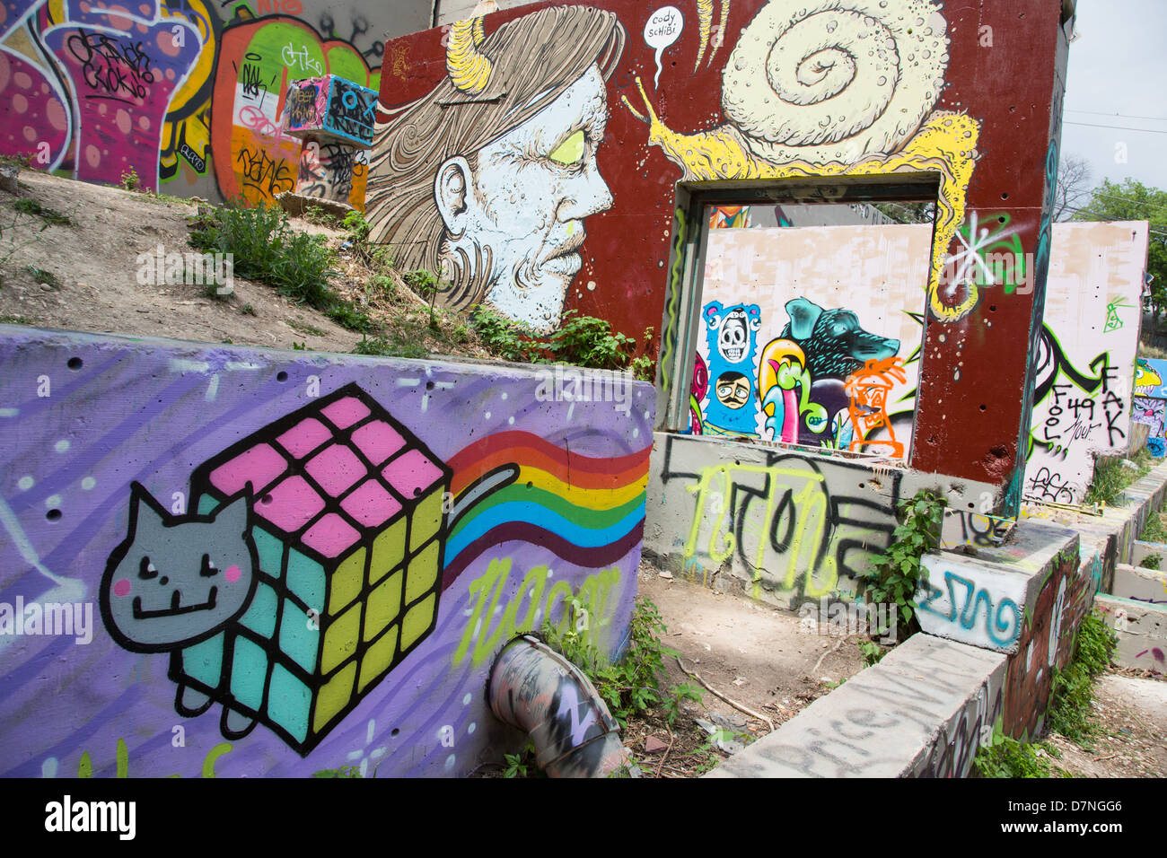 Graffiti von Nyan Cat, eine beliebte Internet-Meme, am Burgberg / Hoffnung Outdoor Galerie in Austin, Texas Stockfoto