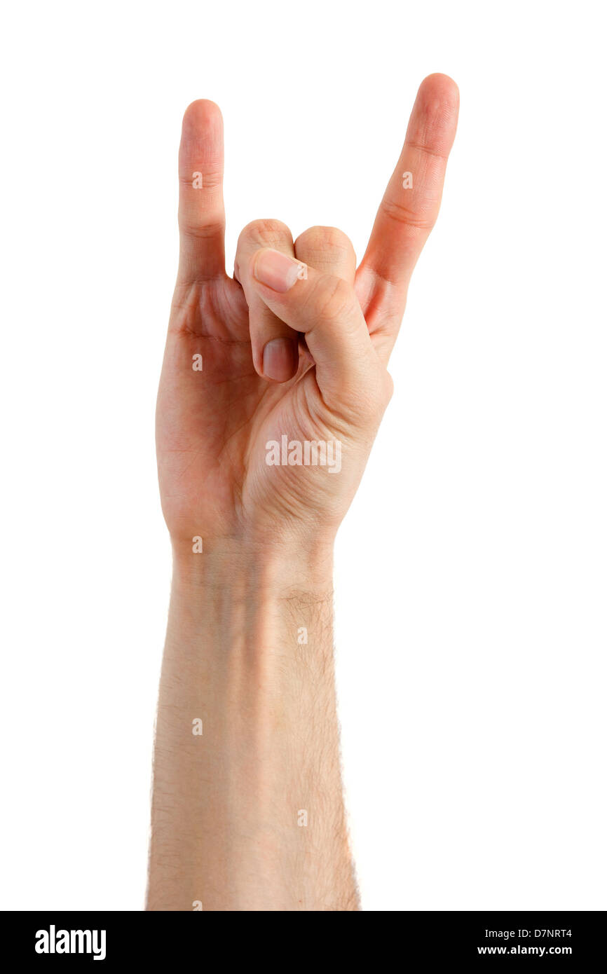 Handzeichen Metal-Musik. isoliert auf weißem Hintergrund Stockfoto