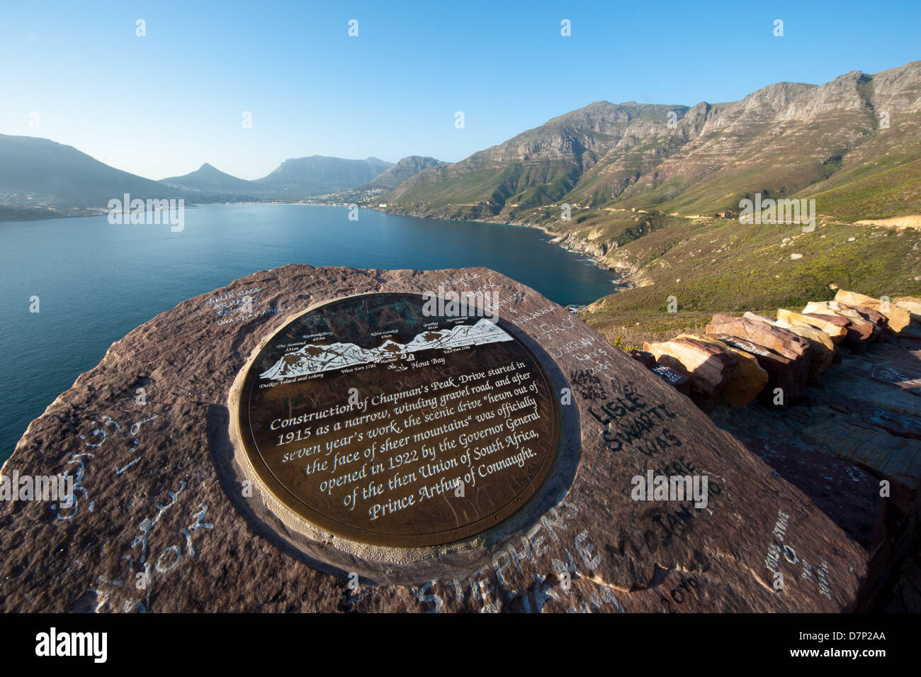 Informationstafel an einem Aussichtspunkt auf Chapmans Peak Drive, Cape Town, Südafrika Stockfoto