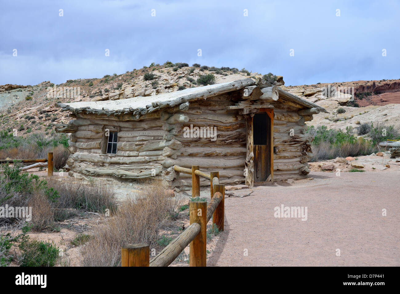 Primitive Blockhaus auf Wolfe Ranch. Arches-Nationalpark, Moab, Utah, USA. Stockfoto