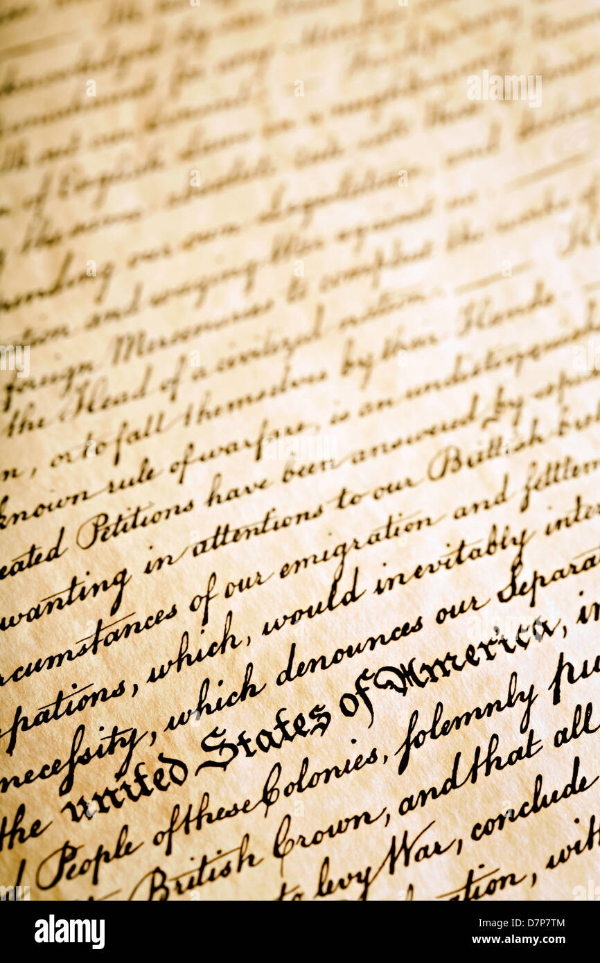 Unabhängigkeitserklärung, Hintergrund mit Vereinigte Staaten von Amerika im Vordergrund, abgewinkelt Makro mit begrenzten Schärfentiefe Stockfoto