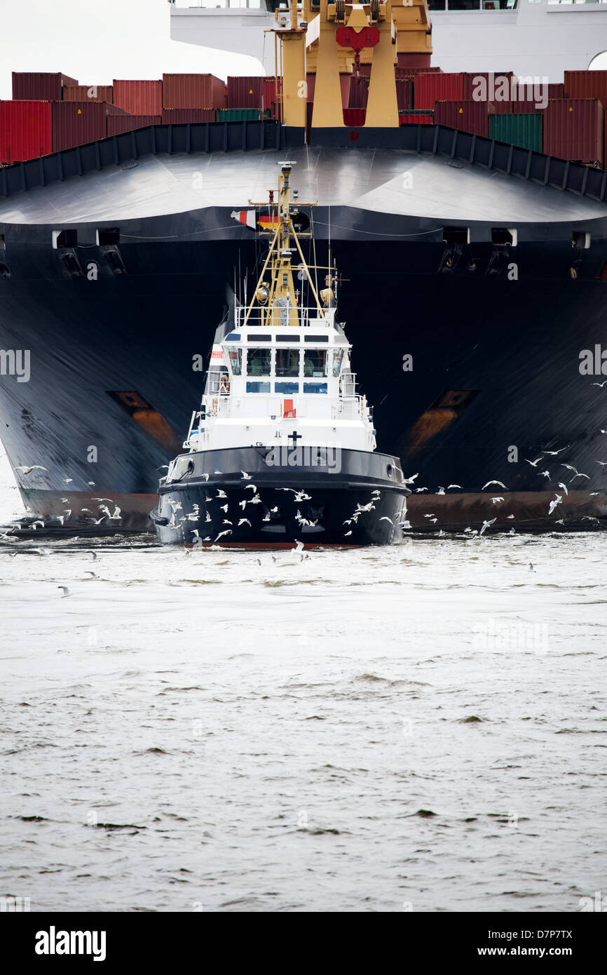 Schlepper ziehen einen Frachter auf der Elbe im Hamburger Hafen, Deutschland Stockfoto