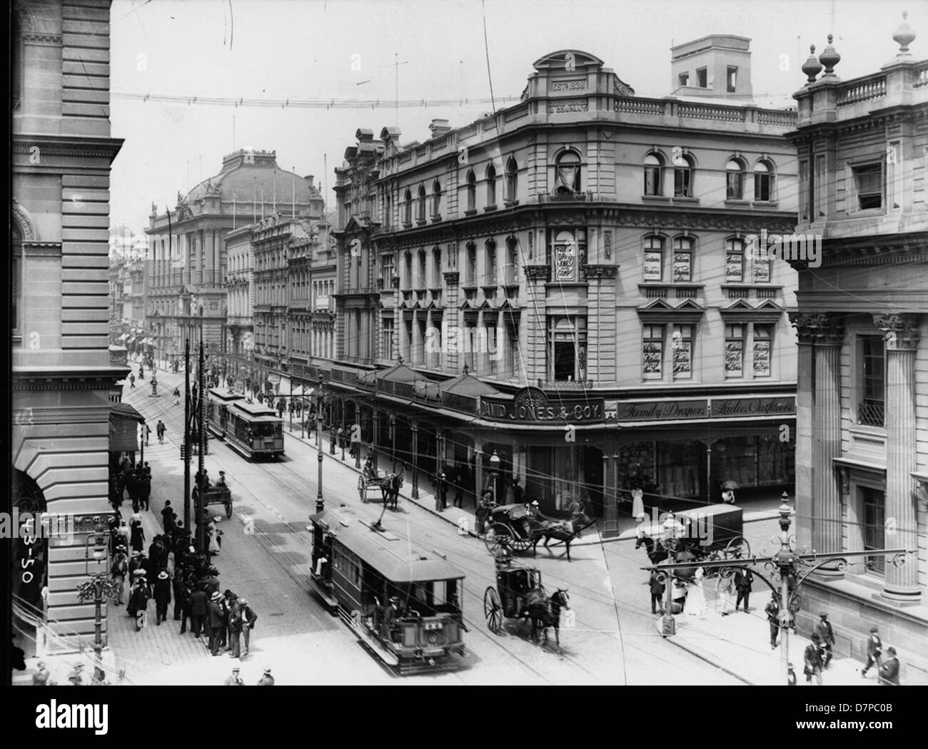 Dieses Foto zeigt elektrische Straßenbahnen entlang der George Street an der David Jones Ecke in Sydney in den 1800er Jahren Das Bild fängt die geschäftige städtische Umgebung mit Straßenbahnen, Fußgängern und der Architektur dieser Zeit ein. Stockfoto