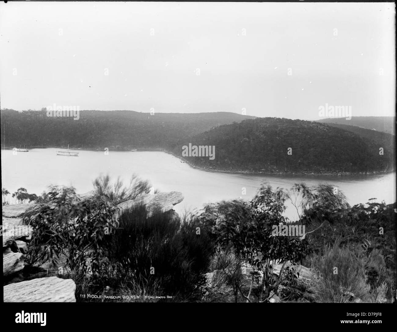 Dieses Bild zeigt den Middle Harbour in Sydney, New South Wales, und bietet einen Panoramablick auf die Bucht mit prominenten Wahrzeichen wie Clavering und dem Powerhouse Museum. Das Foto fängt die natürliche Schönheit und die urbane Umgebung der Küstenregion Sydneys ein. Stockfoto