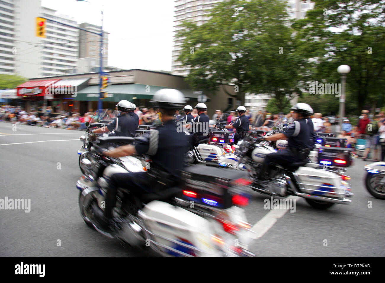 Vancouver Polizei-Abteilung Motorradfahrer bei Gay Pride Parade, Vancouver, BC, Kanada Stockfoto