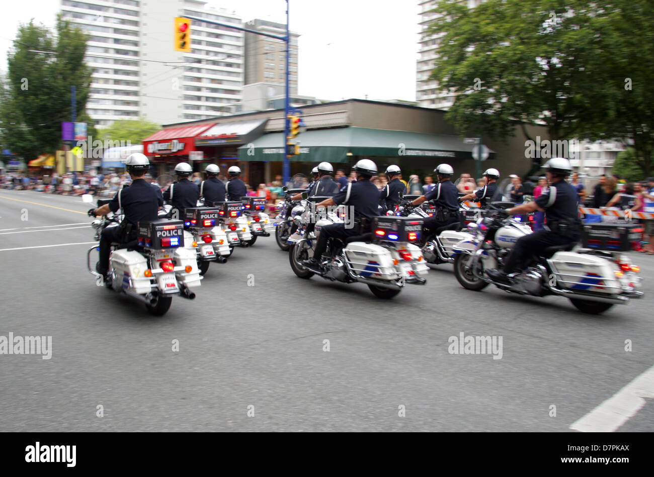 Vancouver Polizei-Abteilung Motorradfahrer bei Gay Pride Parade, Vancouver, BC, Kanada Stockfoto