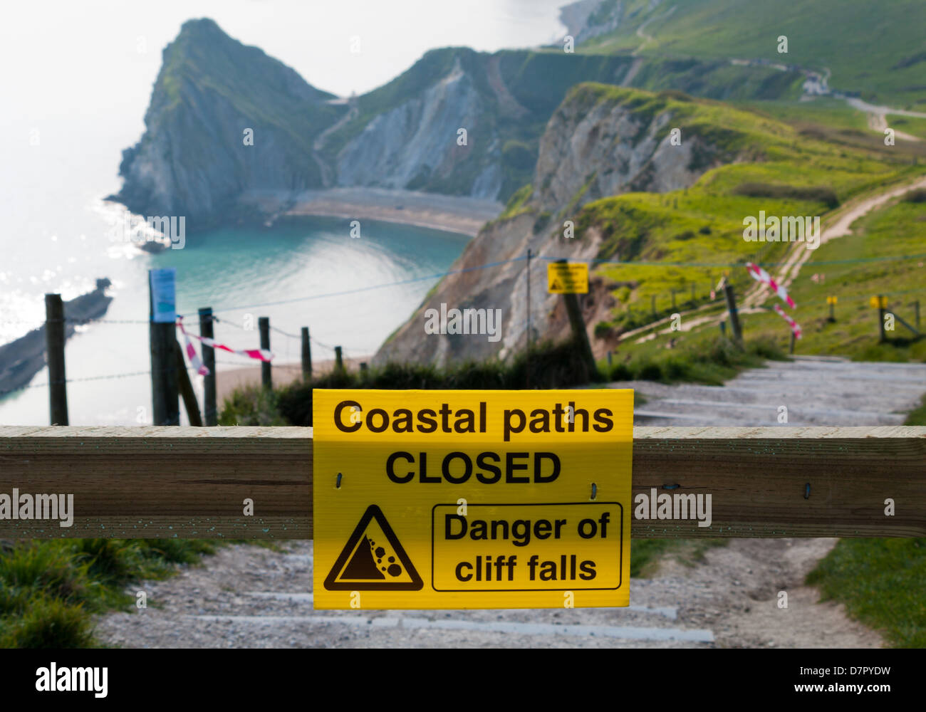 Zerstörte Abschnitt von South West Coast Path, Lulworth, Dorset, in der Nähe von Durdle Door, 30. April 2013 Stockfoto